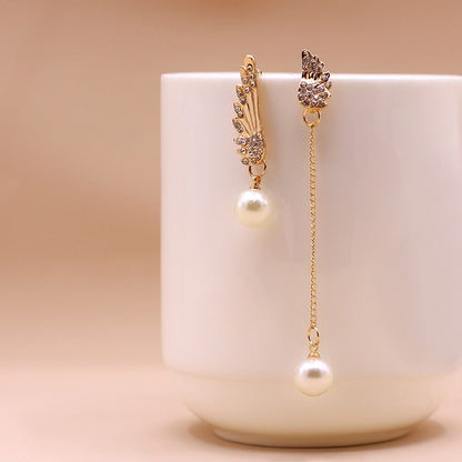 Asymmetric Rhinestone Pearl Angel Wing Stud Earrings