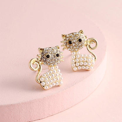 Fashion Rhinestone Pearl Asymmetric Cat Stud Earrings