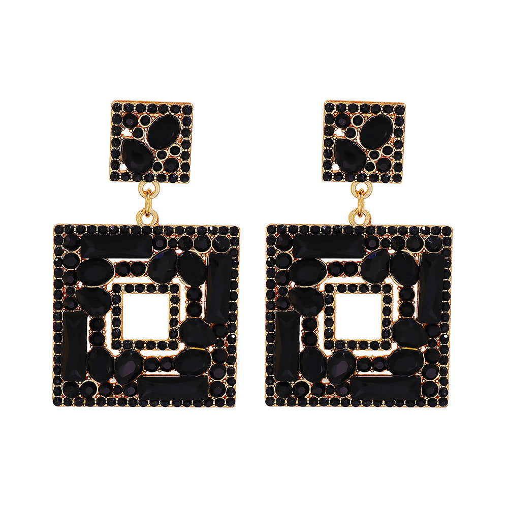 New Geometric Color Diamond Square Hollow Pendant Earrings