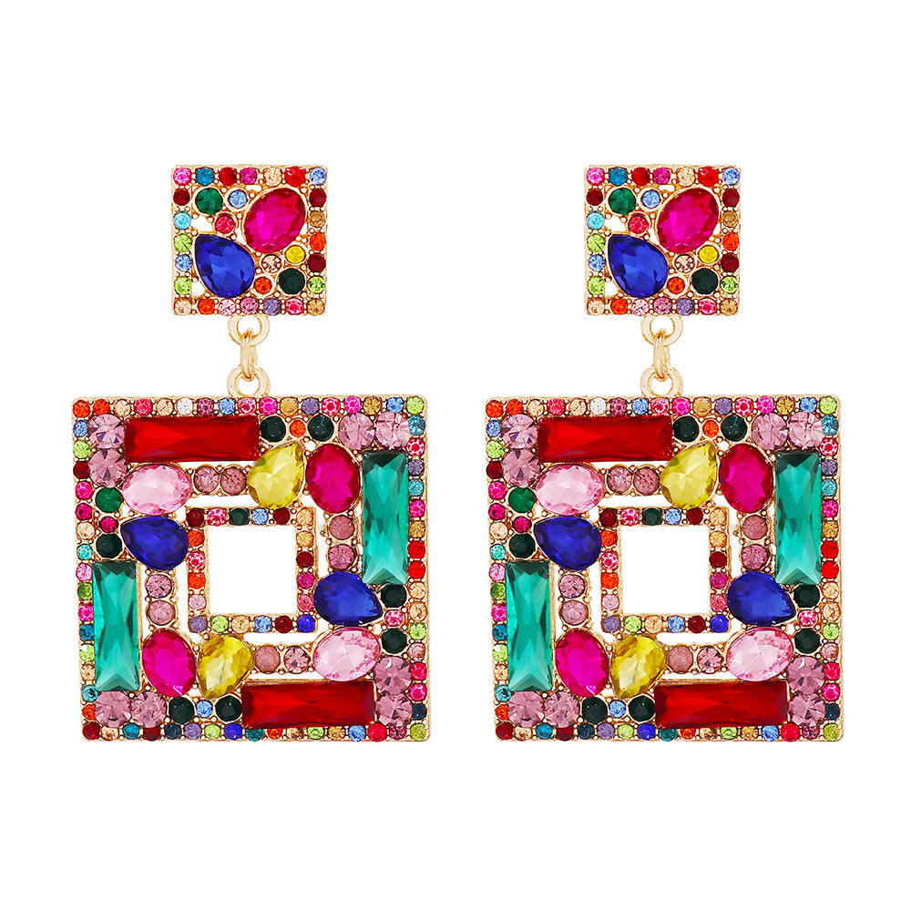 New Geometric Color Diamond Square Hollow Pendant Earrings