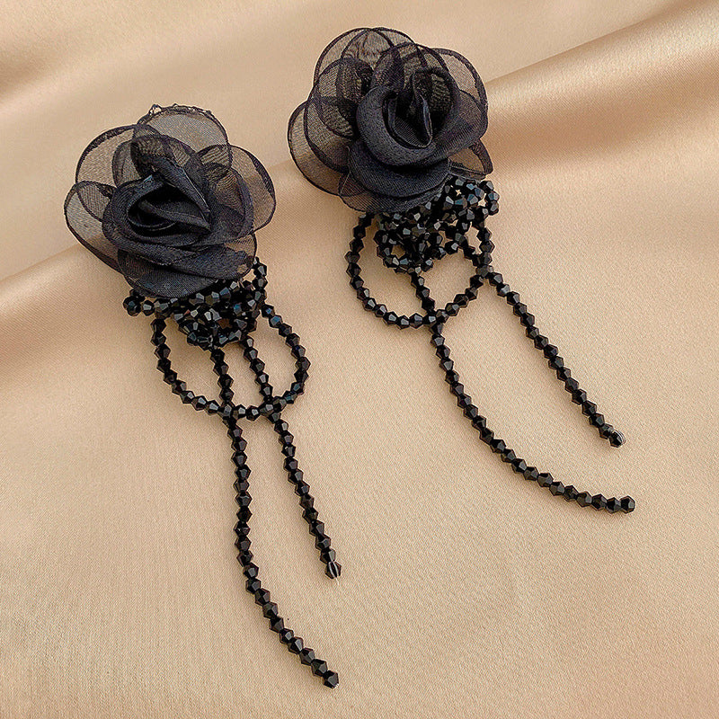 Retro Lace Mesh Flower Crystal Tassel Earrings Female Wholesale