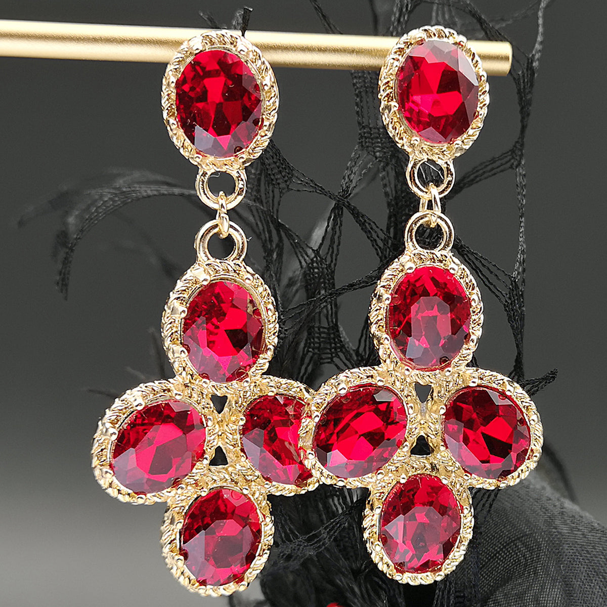 Korean Style Fashion Chinese Ruby Bridal Earrings Party Evening Dress Accessories Long Drop Crystal Earrings