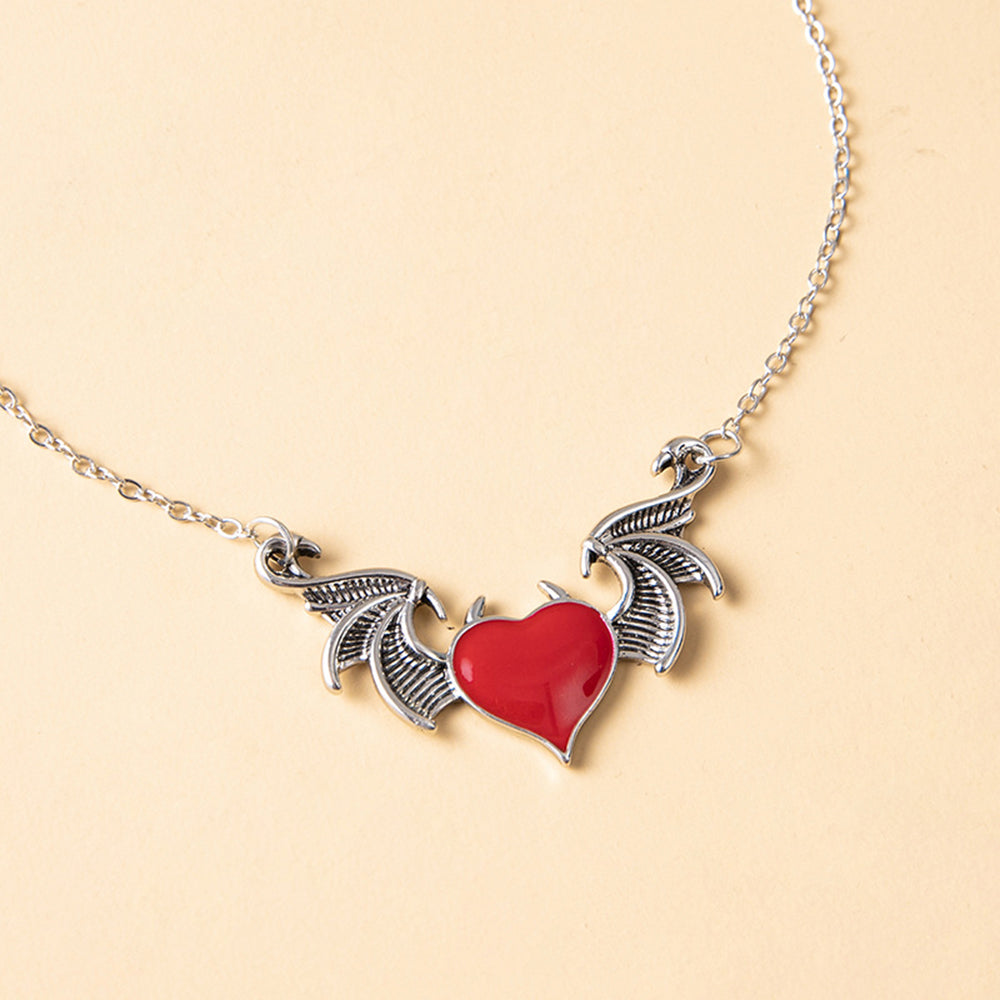 Fashion Devil Wings Gothic Retro Punk Alloy Pendant Heart-shaped Drop Oil Necklace