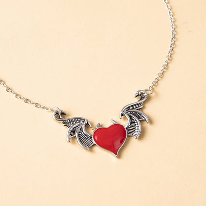 Fashion Devil Wings Gothic Retro Punk Alloy Pendant Heart-shaped Drop Oil Necklace