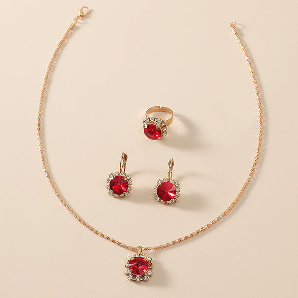 Bridal Suit Dress Accessories Claw Diamond Ruby Necklace Earrings Ring Set