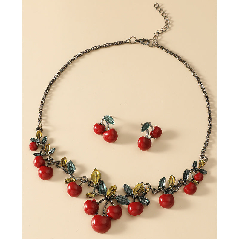 Cute Fruit Red Cherry Pendant Necklace Earrings Set