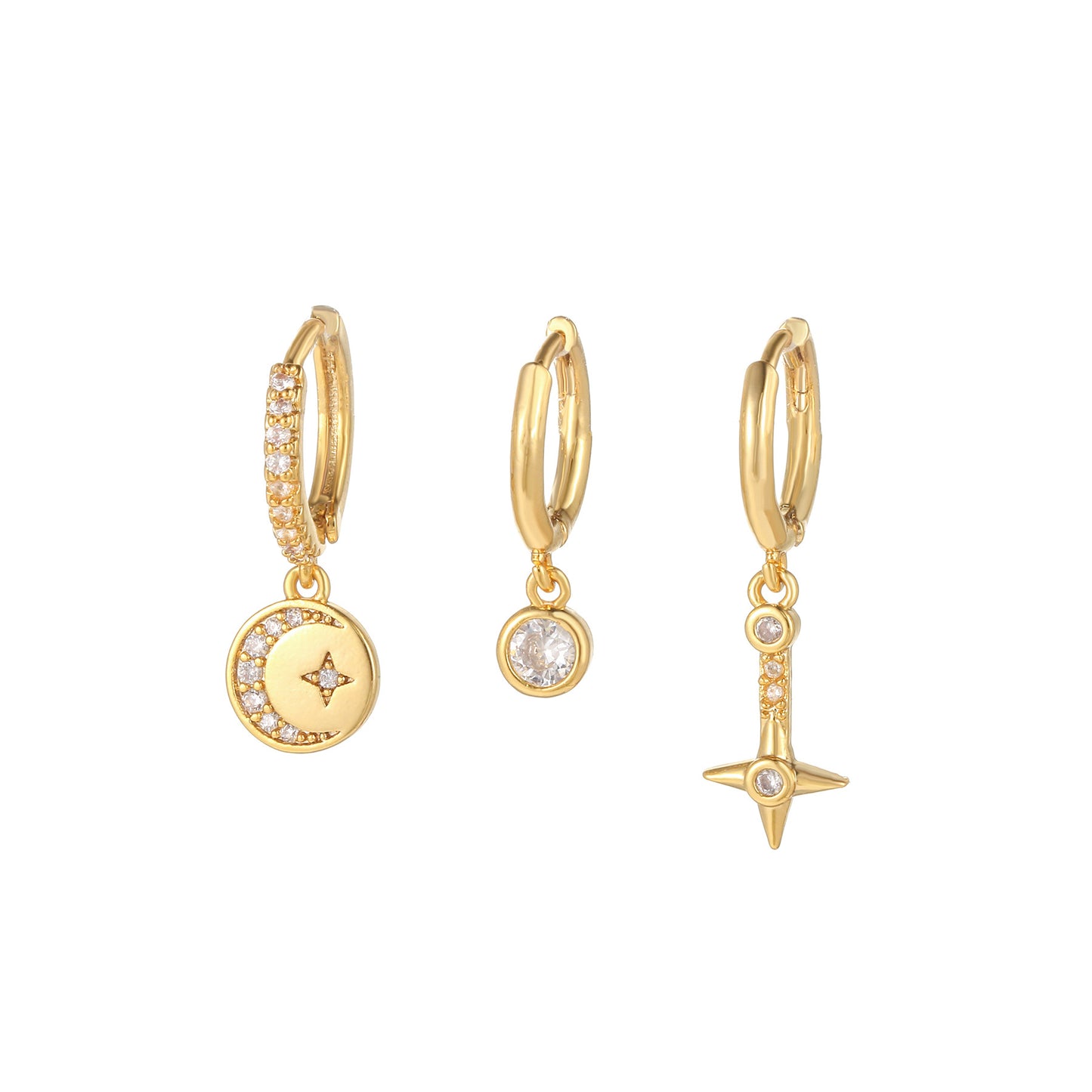 Micro Inlaid Zircon Star Moon Ear Clip Three-piece Earring Set