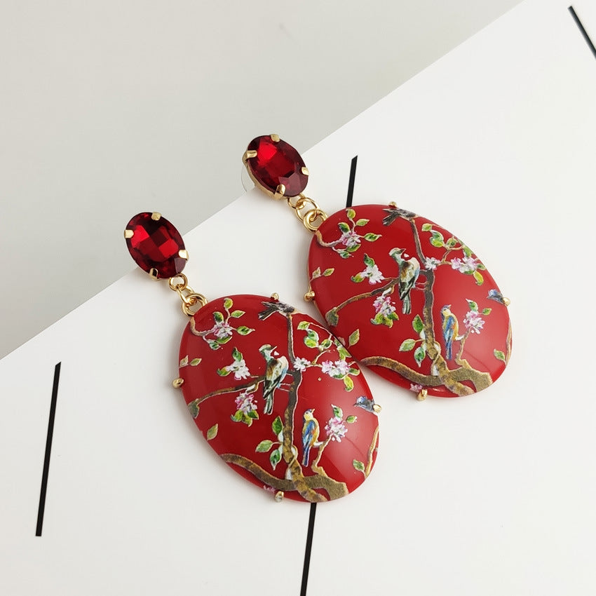 Fashion Oval Flower Bird Painted Inlaid Gemstone Resin Resin Earrings