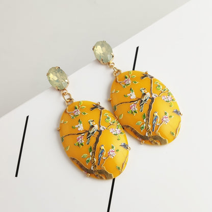 Fashion Oval Flower Bird Painted Inlaid Gemstone Resin Resin Earrings