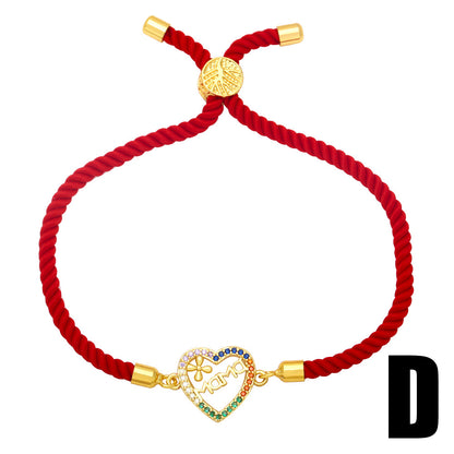 Copper 18k Gold-plated Inlaid Zircon Mama Heart Flowers Red Rope Bracelet