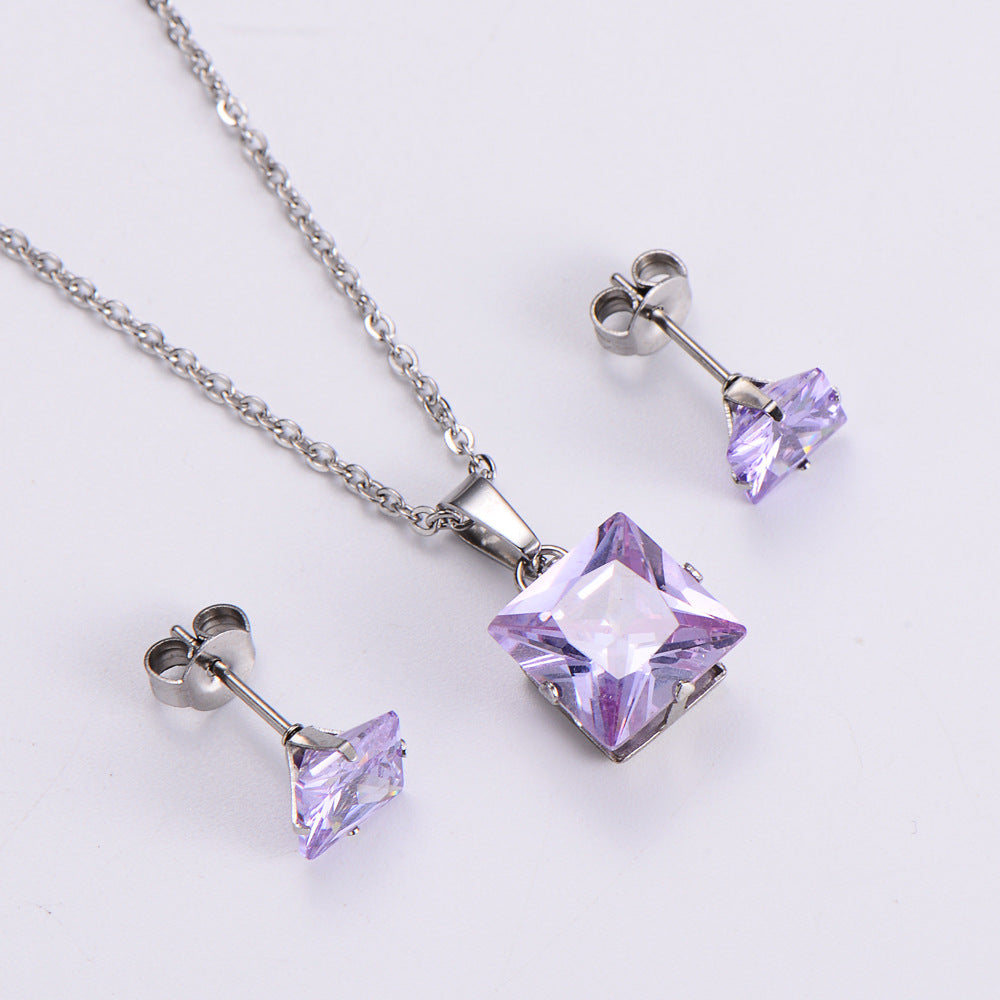 Fashion Colorful Zircon Square Pendant Earrings Necklace Set