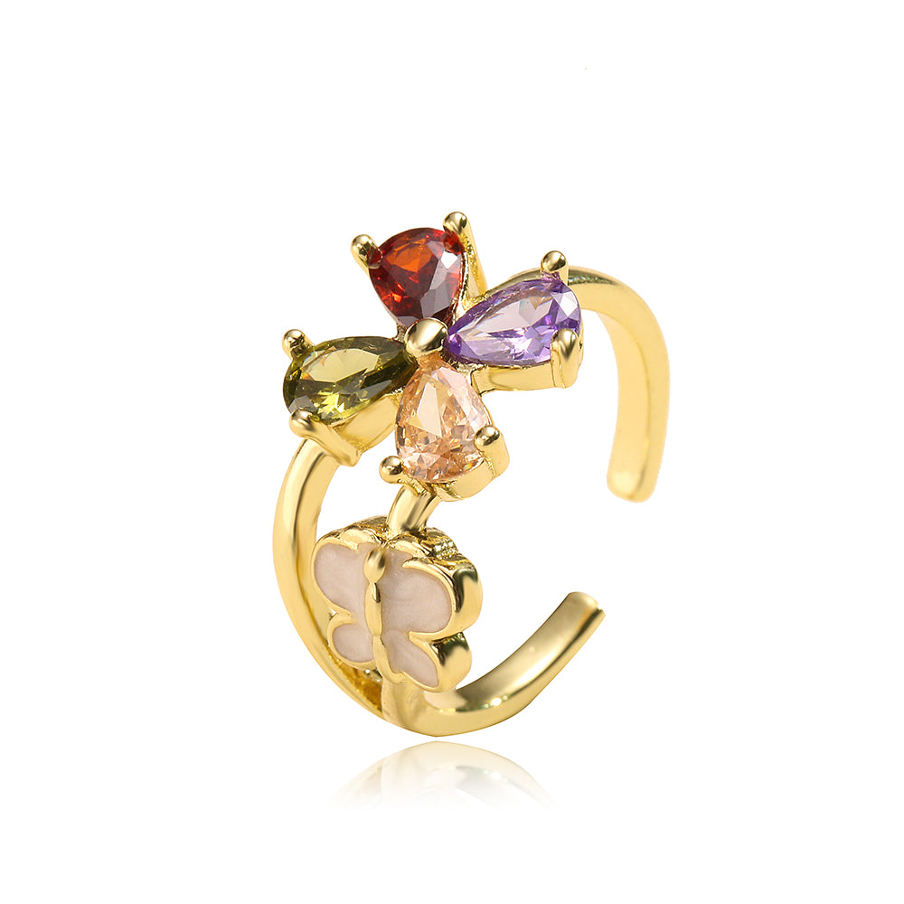 Fashion Cute 18k Gold Plated Flower-shaped Zircon Inlaid Open Ring Female