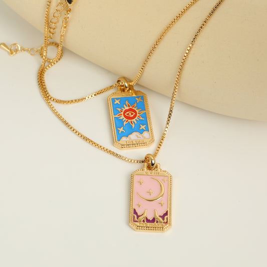 Retro Tarot Colorful Oil Dripping Necklace Square Gold-plated Copper Necklace Wholesale