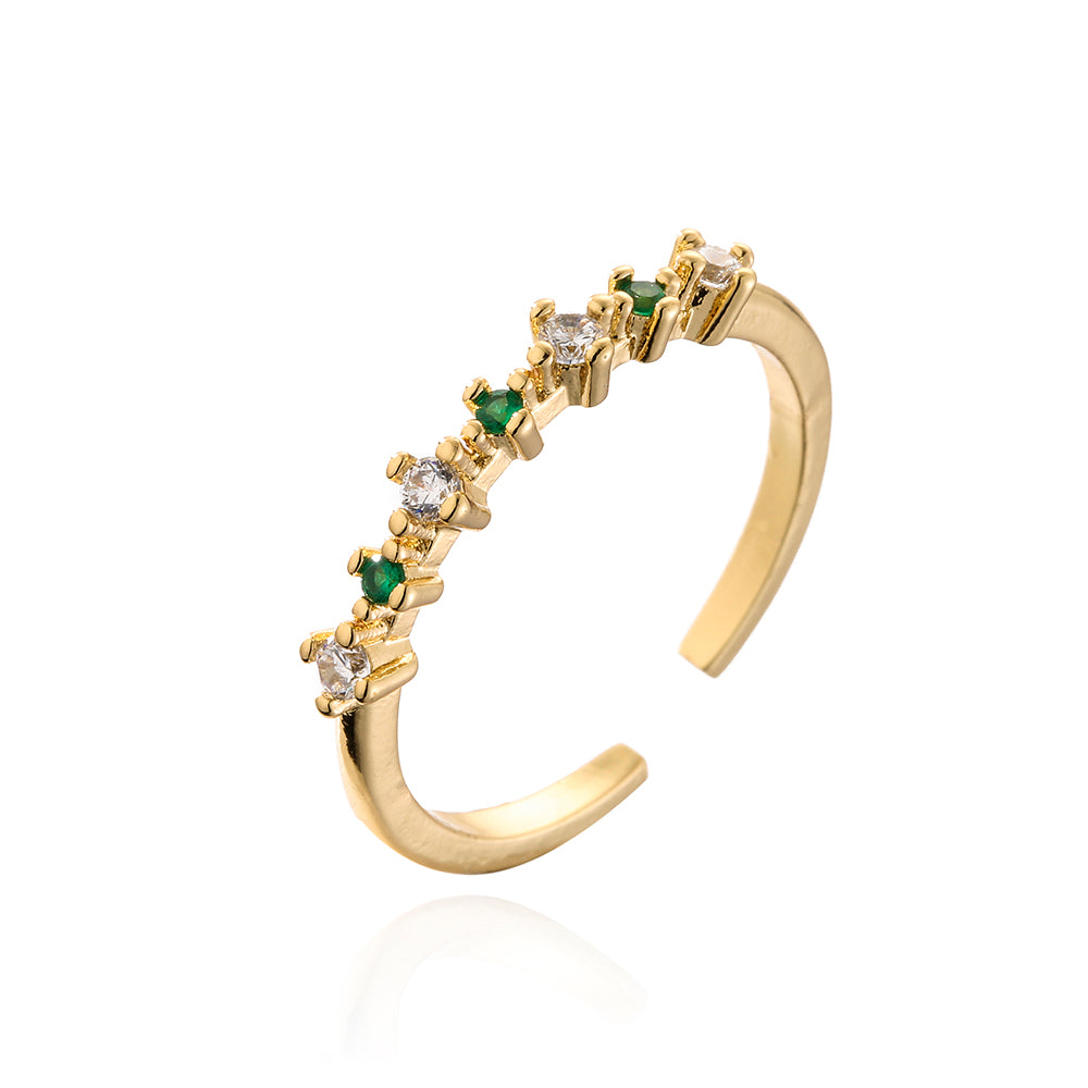 Fashion Simple 18k Gold Plated Micro Inlaid Green Zircon Geometric Open Adjustable Ring