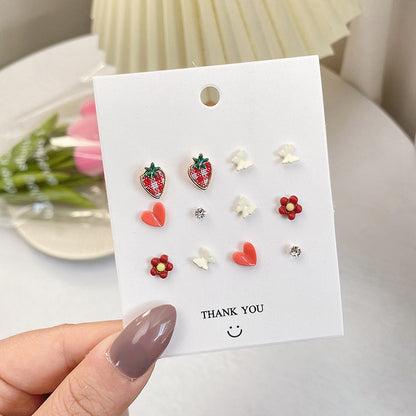 Korean Fashion Flower Bow 6 Pairs Of Earrings Set New Pearl Earrings