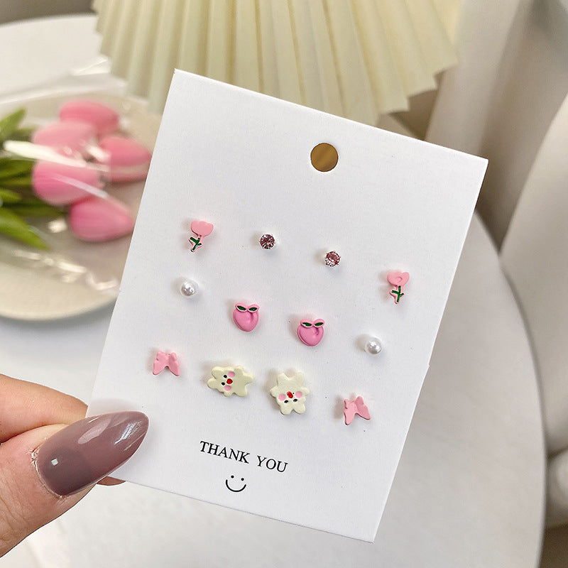 Korean Fashion Flower Bow 6 Pairs Of Earrings Set New Pearl Earrings