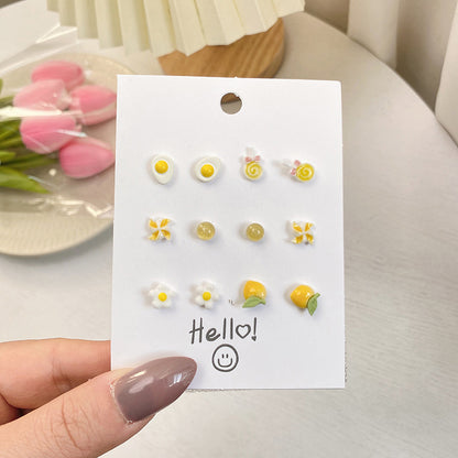 Korean Fashion Flower Bow 6 Pairs Of Earrings Set New Pearl Earrings