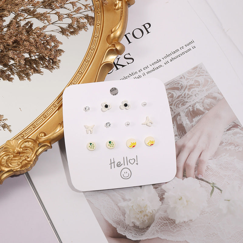 Korean Fashion Flower Bow 6 Pairs Of Earrings Set New Pearl Earrings