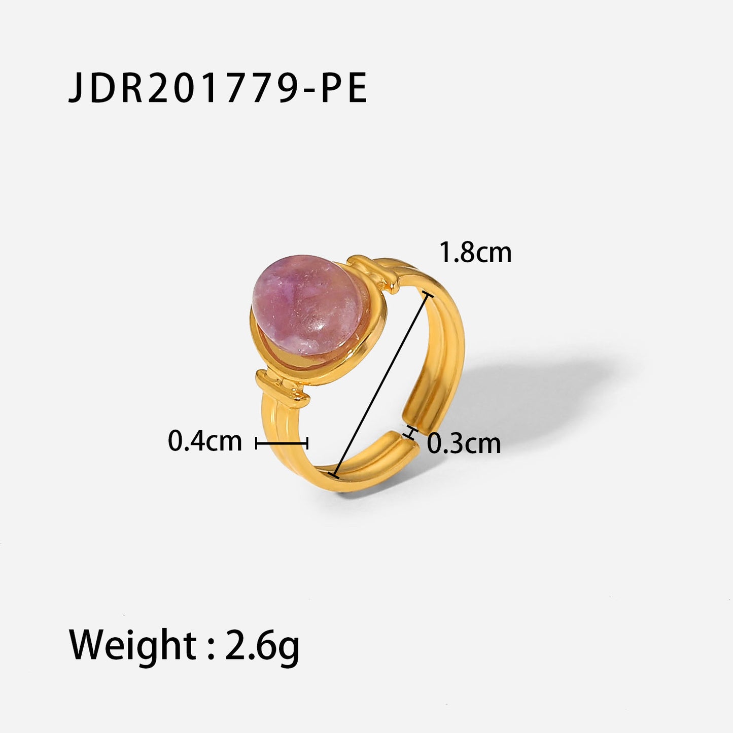 Fashion Waterproof Stainless Steel 18k Gold Oval Green/purple Semi-precious Stone Open Ring