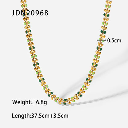 Fashion 18k Gold Green Drop Olive Leaf Women's Stainless Steel Necklace