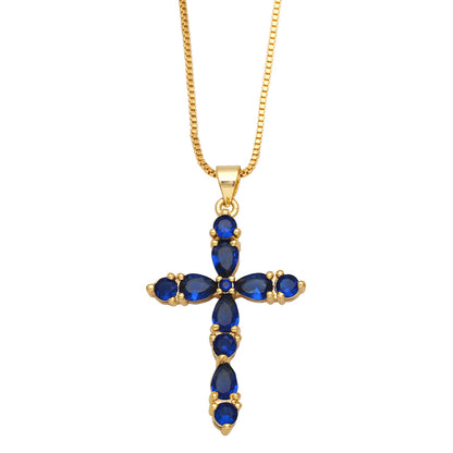 Fashion Colorful Zircon Cross Hip Hop Diamond Copper Necklace