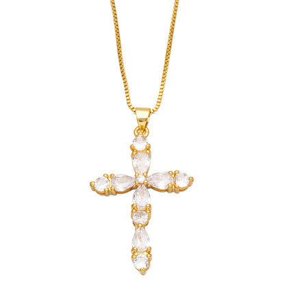 Fashion Colorful Zircon Cross Hip Hop Diamond Copper Necklace