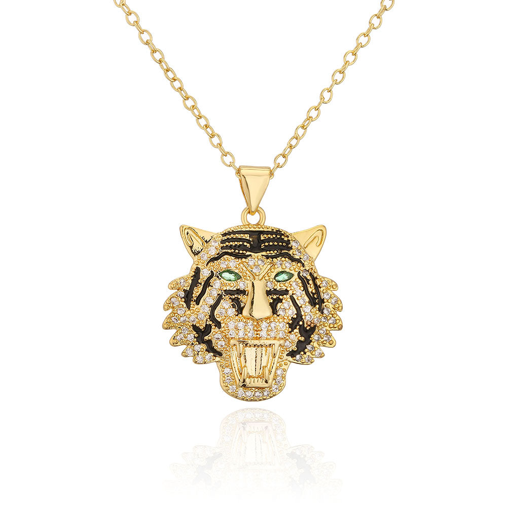 Fashion Copper 18k Gold Plating Zircon Animal Necklace Tiger Leopard Lion Pendant