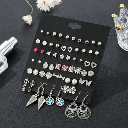 Beads Multi-element Flower Alloy Square Rhinestone Stud Earring Set Nhsd136077