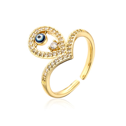 Fashion Copper Plating 18k Gold Zircon Dripping Devil's Eye Geometric Open Ring Female New