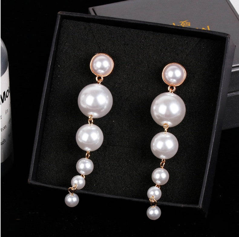 Fashion Geometric Large Small Pearls Long Tassel Beaded Eardrops