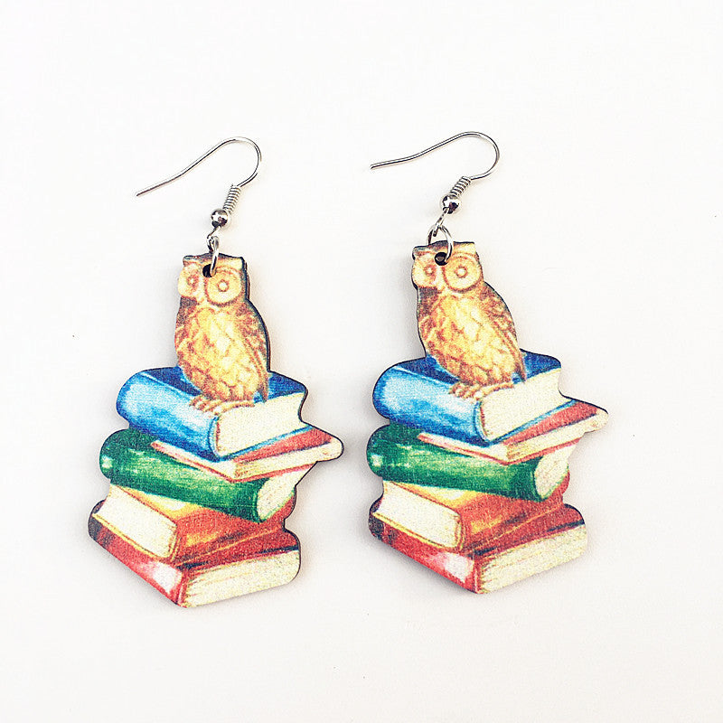 Creative Book Brush Wooden Shape Owl Pendant 
earrings