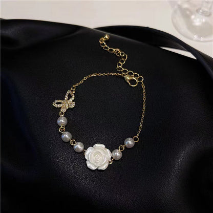 Fashion New Style Hollow Butterfly Inlaid Rhinestone Camellia Flower Pearl Bracelet