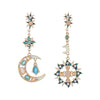 Fashion Rhinestone Opal Inlaid Asymmetric Sun Moon Pendant Ear Studs