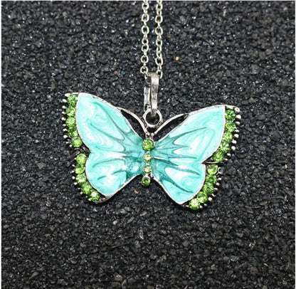 Vintage Insect Oil Dripping Painted Diamond Butterfly Shaped Pendant Necklace