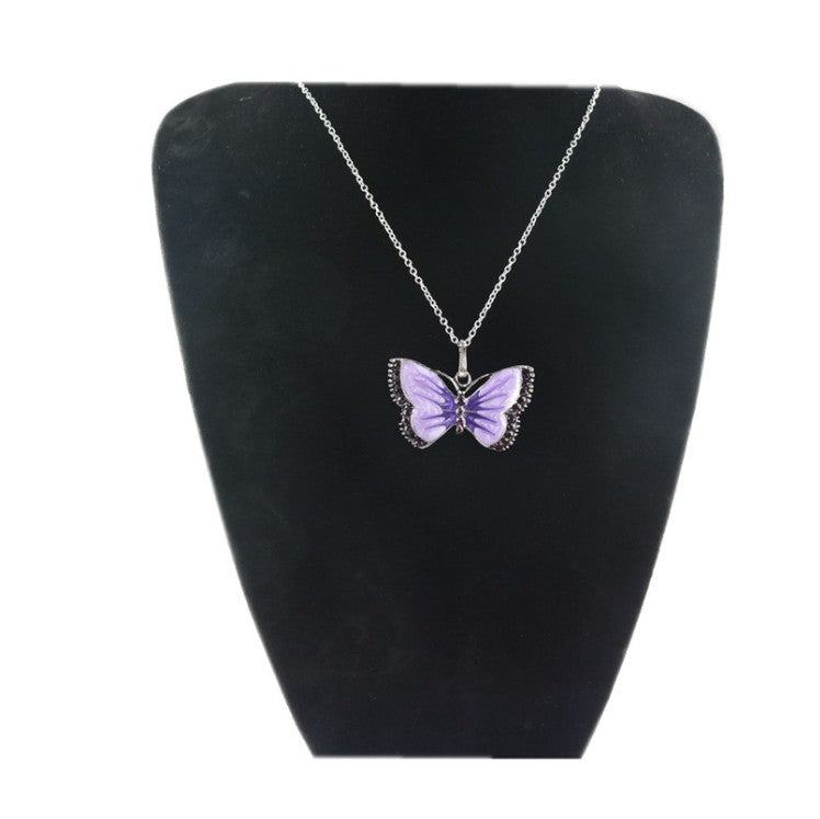 Vintage Insect Oil Dripping Painted Diamond Butterfly Shaped Pendant Necklace