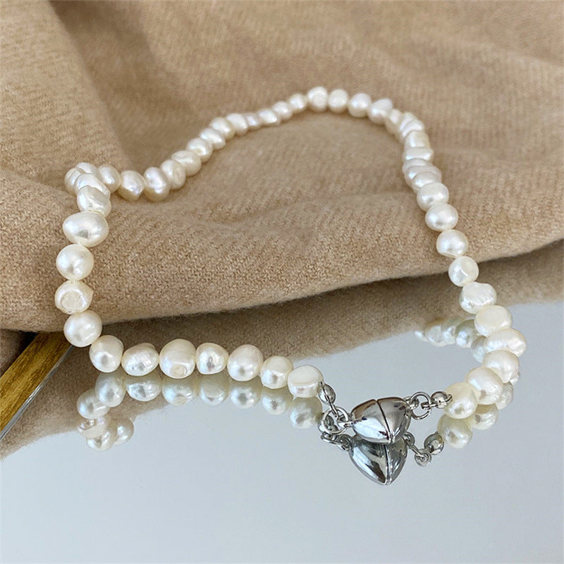 Baroque Style Imitation Pearl Heart Magnetic Buckle Pendant Necklace Bracelet