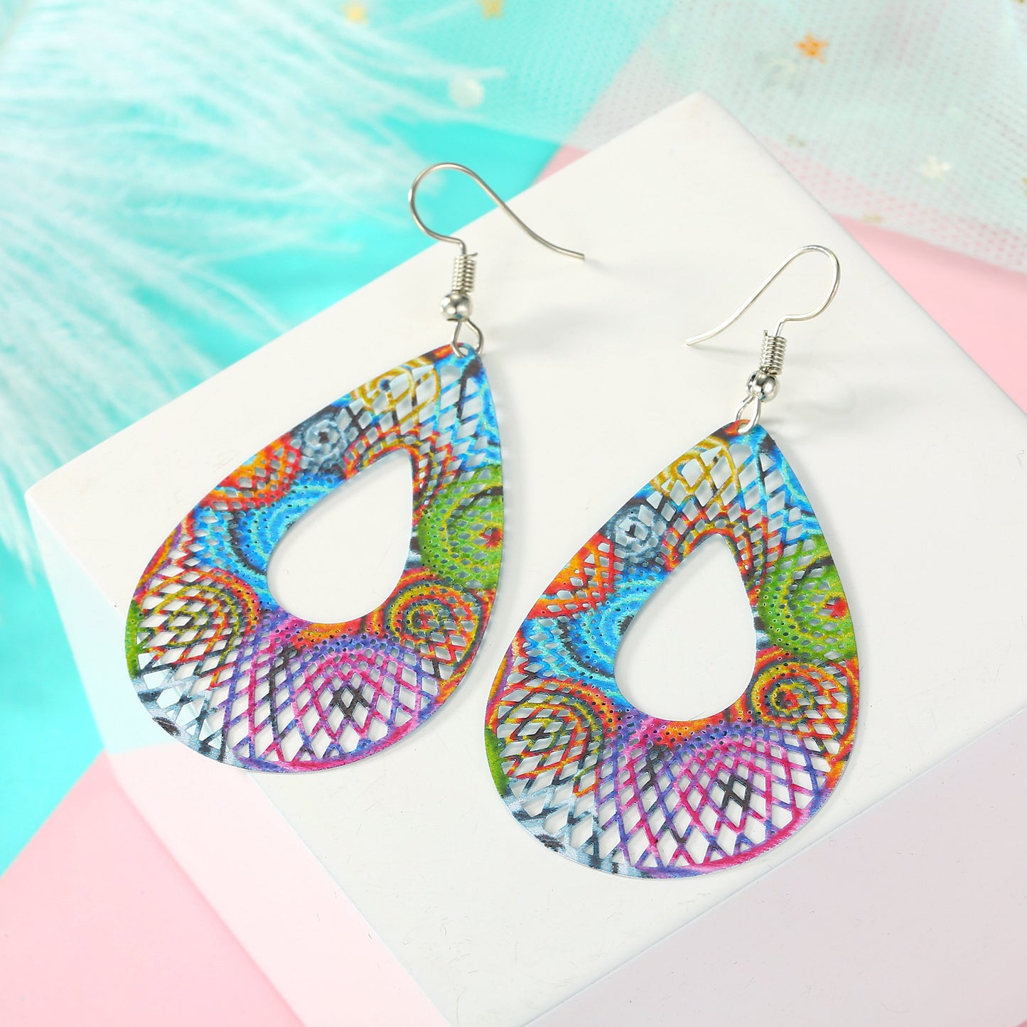 Color Leaf Iron Ear Hook Computer Piece Feather Earrings Printing Hollow Earrings Wholesale