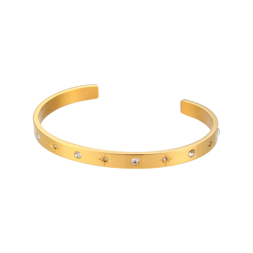 Simple Stainless Steel Eight Awn Star Round Zircon Opening Bracelet