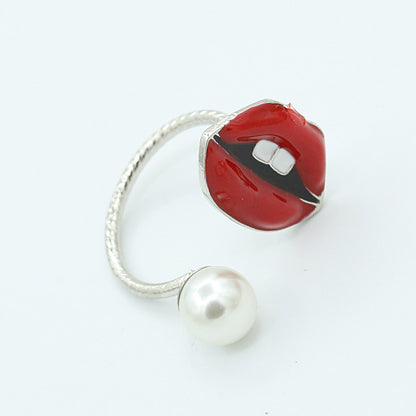 Vintage Jewelry Pearl Eyes Gem Joint Ring Ring New Lips Open Ring