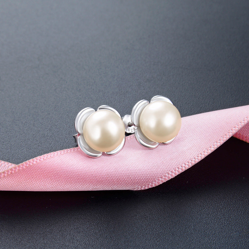 Korean Temperament Fashion Flower Pearl S925 Silver Small Bead Earrings