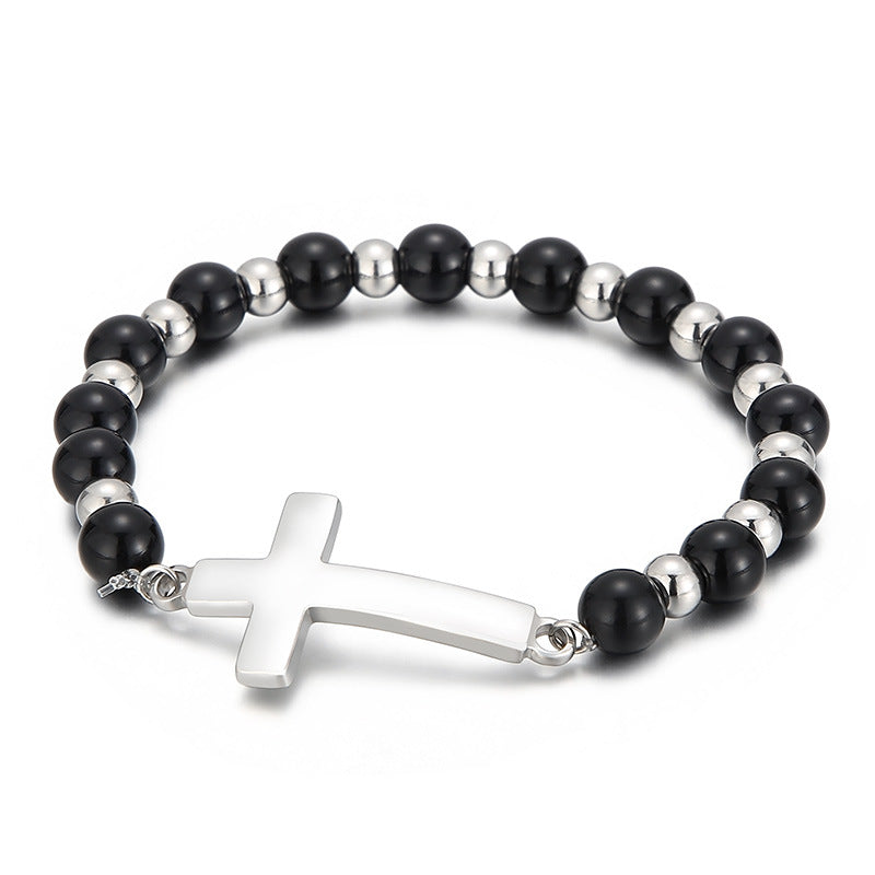 European And American Stainless Steel Gold Black Bead Cross Bracelet