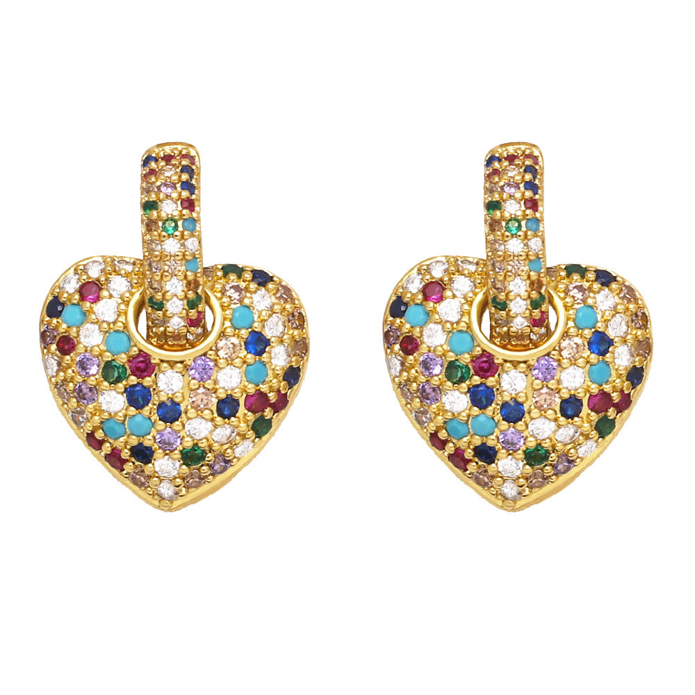 Fashion Micro-inlaid Color Heart-shaped Zircon Copper Earrings