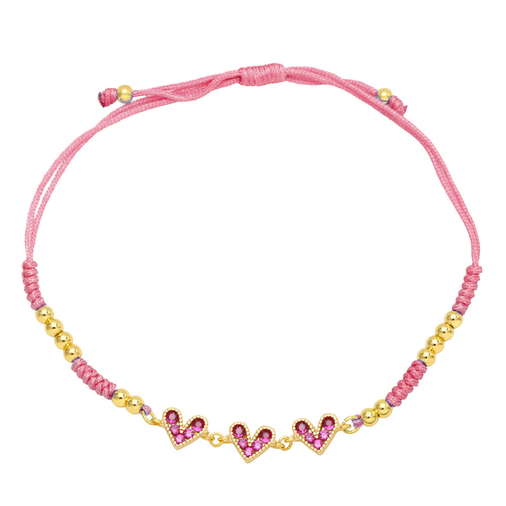 Fashion Colorful Heart-shaped Inlay Zircon Braided Copper Bracelet