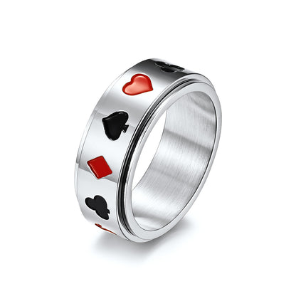 Fashion Spade Red Peach Plum Blossom Square Playing Card Pattern Titanium Steel Rotatable Ring