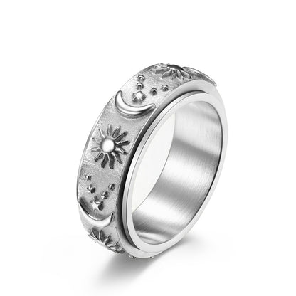 Fashion Sun Moon And Star Titanium Steel Rotatable Bohemian Ring