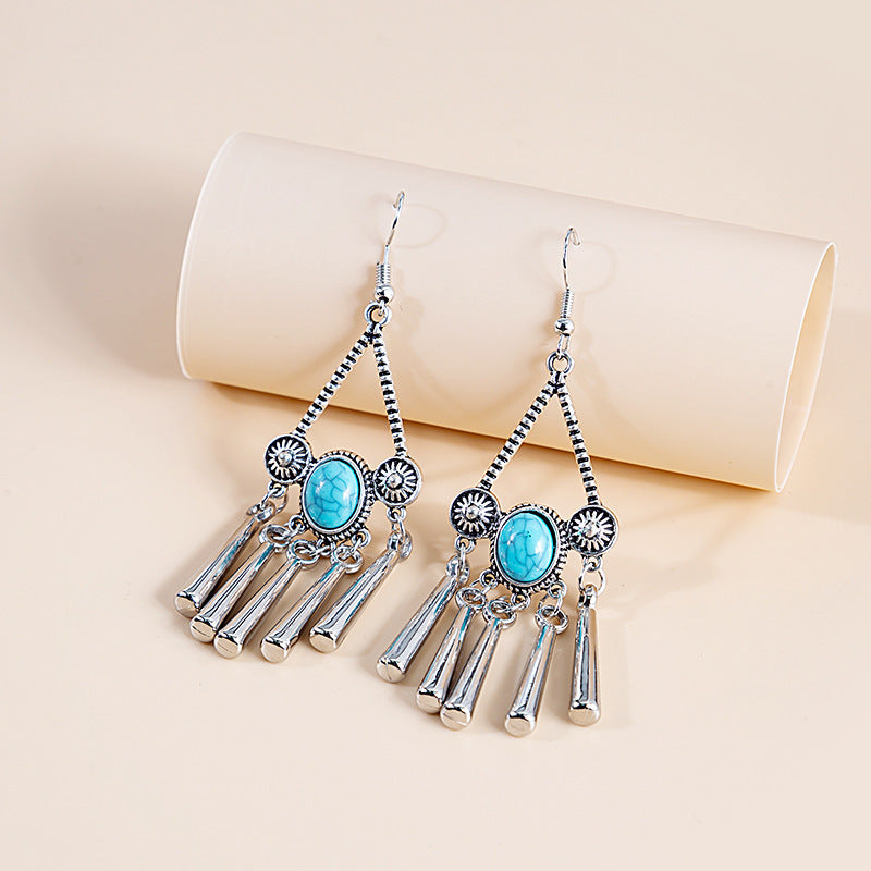 1 Pair Bohemian Water Droplets Tassel Alloy Inlay Turquoise Women's Drop Earrings