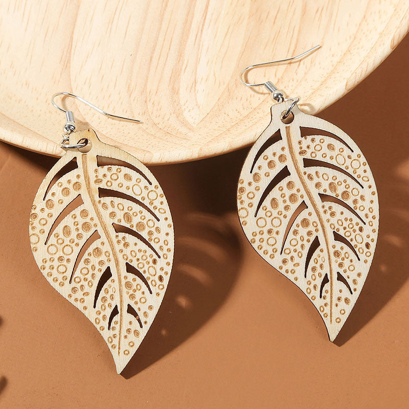 Bohemian Hollow Carved Wood Leaf-shaped Earring