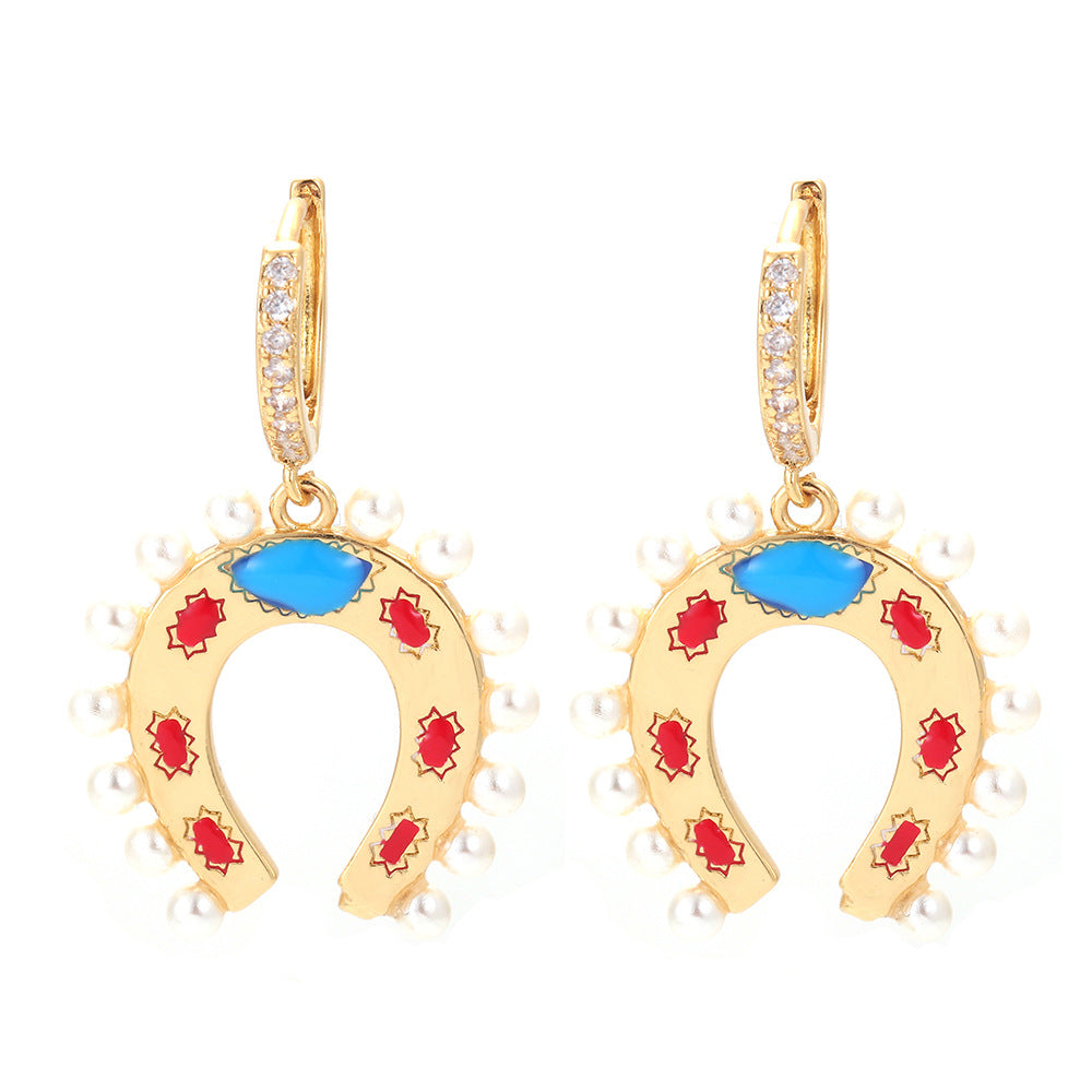 Geometric U-shaped Horseshoe Copper Inlaid Zircon Colorful Oil Earrings