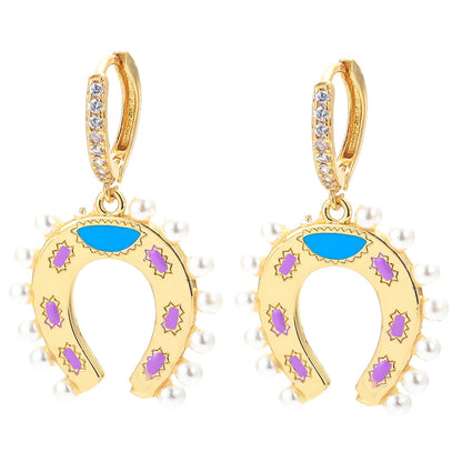 Geometric U-shaped Horseshoe Copper Inlaid Zircon Colorful Oil Earrings