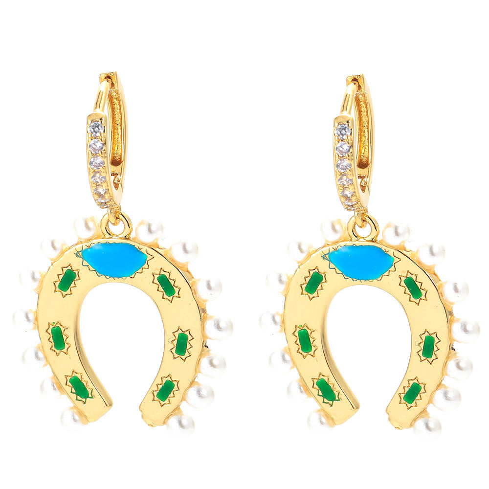 Geometric U-shaped Horseshoe Copper Inlaid Zircon Colorful Oil Earrings